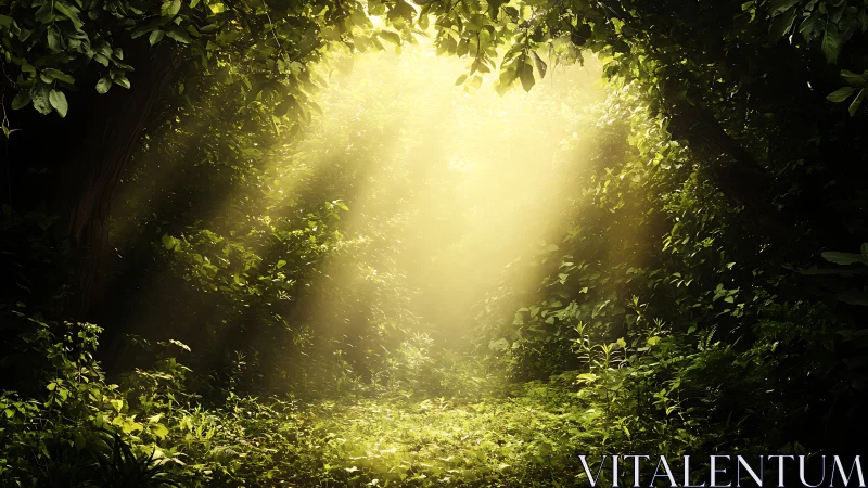 Forest canopy interior with directional light penetration.