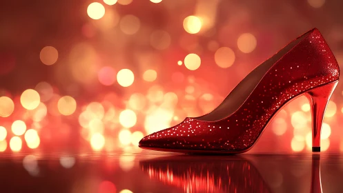 Red high-heeled shoe with glitter on reflective surface.