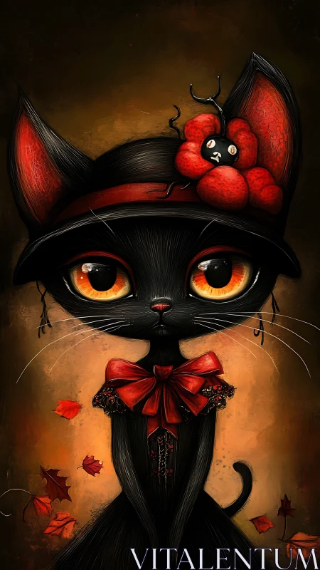 Black cat with amber eyes wears red bow and berry crown artwork
