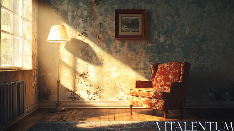 Sunlit vintage armchair and lamp in worn interior corner.