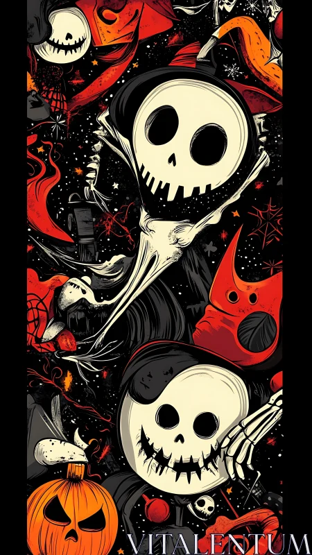 Whimsical skull spirits swirl through a chaotic Halloween night