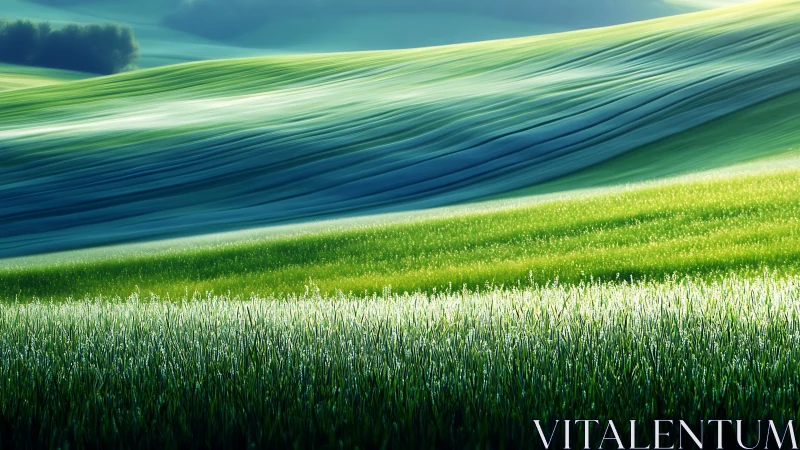 Sunlit green hills rolling in gentle, dreamy waves.