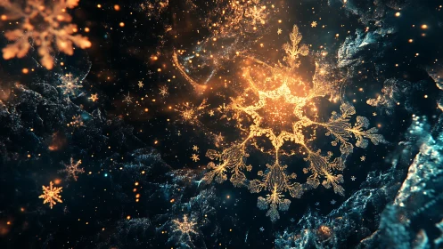 Central luminous fractal snowflake structure occupies dark field