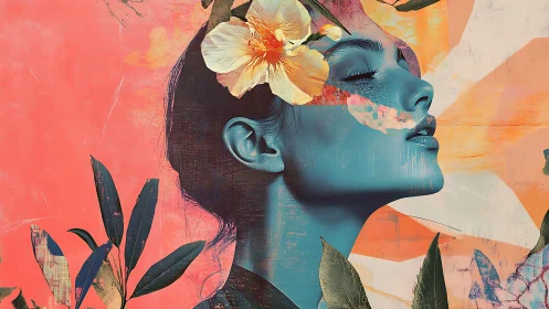 Blue-toned female profile merges with florals and abstract planes