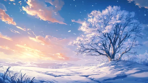 Winter sunrise tree in luminous anime landscape composition.