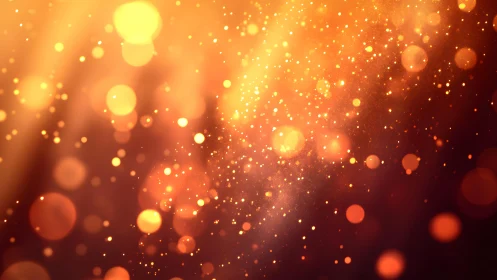 Golden bokeh light background with glowing particles, abstract style.