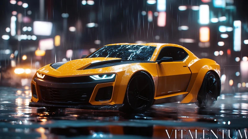 Bold yellow sports car glowing in a rainy neon city night.