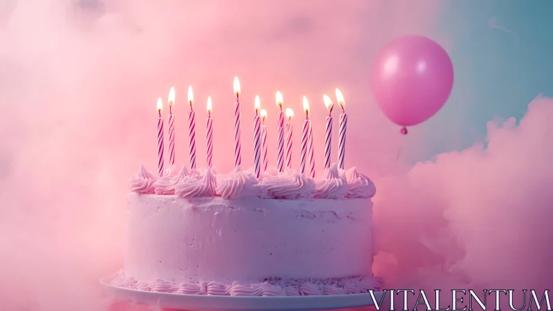 Birthday Cake with Lit Candles Against Pink Cloud Environment