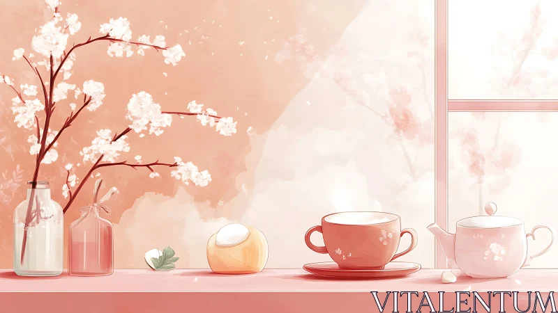 Monochrome peach tea vignette with floral glassware still life.
