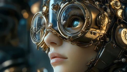 Cybernetic portrait with chrome optics and teal reflections.