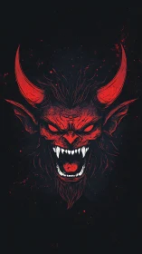 Scarlet horned demon roaring from a void of splattered night.