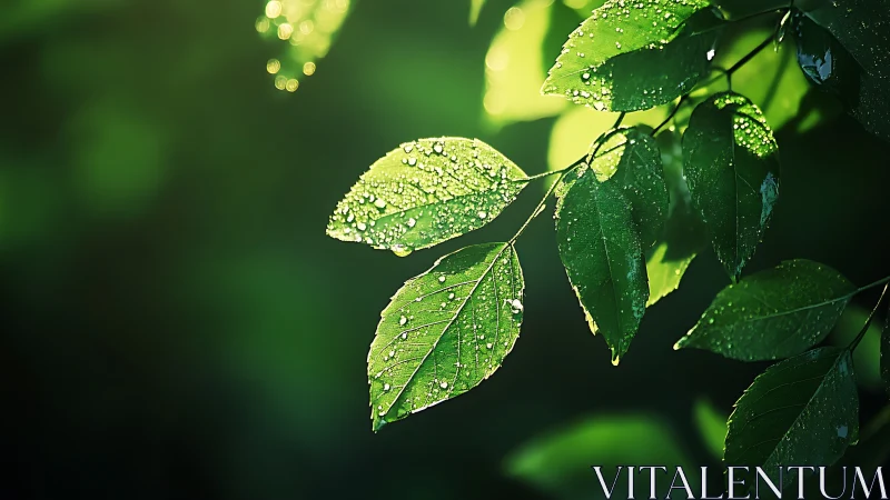 Close-up green leaves with fresh water droplets in light.