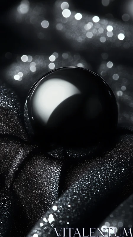 Black reflective sphere on glittering dark fabric backdrop.