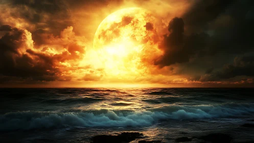 Fiery supermoon over stormy ocean horizon at golden twilight