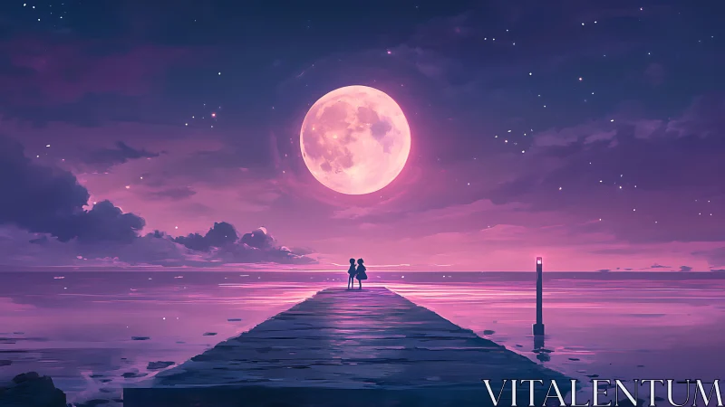 Moonlit lovers on a dreamy violet seaside pier at dusk.