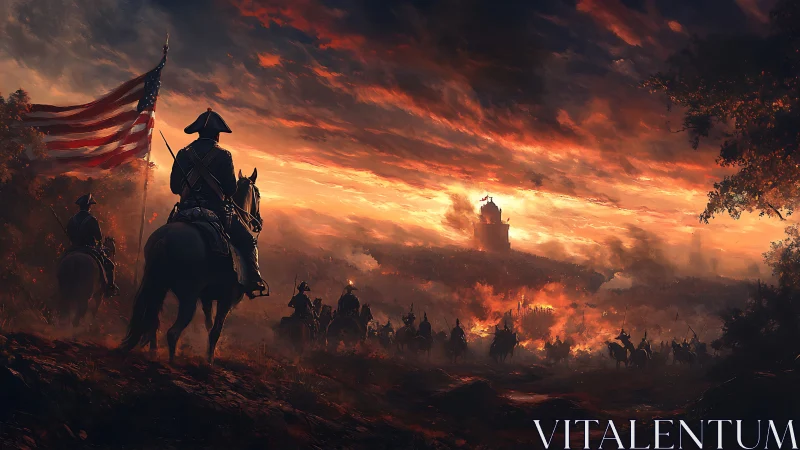 Mounted soldiers under burning sky advance to battle.