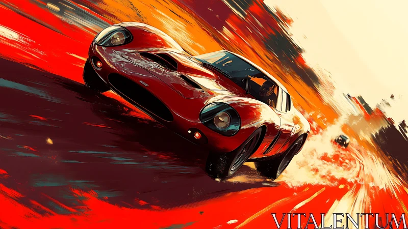 Red sports car powers through dynamic abstract racetrack.