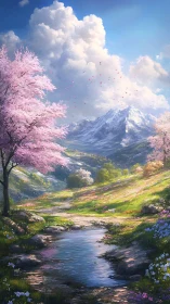 Mountain valley stream with cherry trees in spring light.