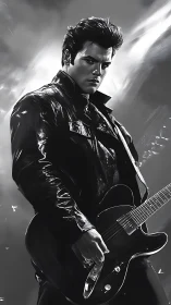 Monochrome digital portrait shows guitarist in leather jacket
