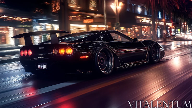 Black tuned sports coupe racing through neon city street.