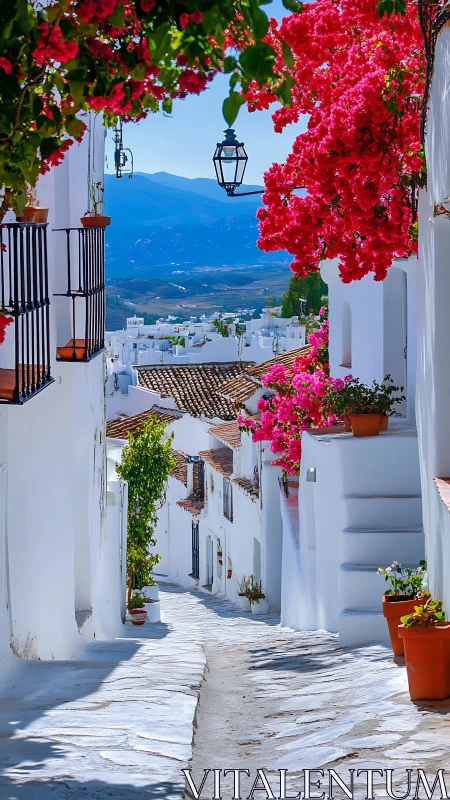 Narrow white village street with bougainvillea and hills beyond.