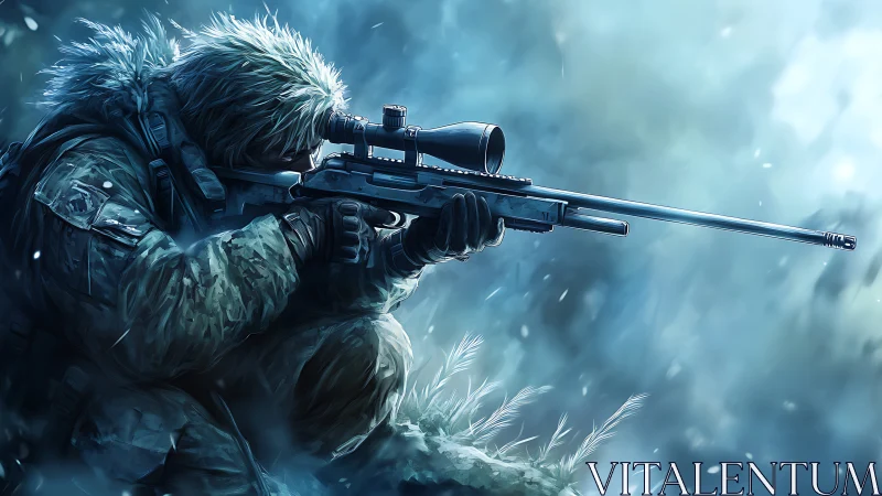 Sniper in Winter Storm with Scoped Rifle.