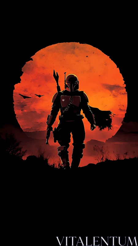 Armored bounty hunter silhouetted against blood-red desert sun