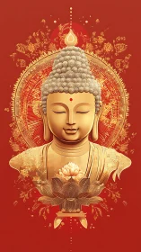 Golden Buddha bust with lotus motif on red ornamental field.