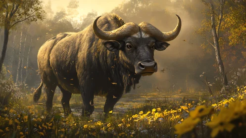 Massive buffalo standing in golden forest wetland at dusk.