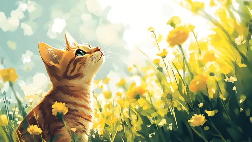Sunlit kitten daydreaming in a golden wildflower meadow.