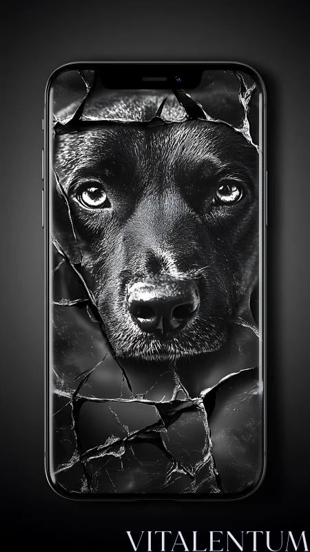 Monochrome dog portrait integrated into cracked smartphone glass