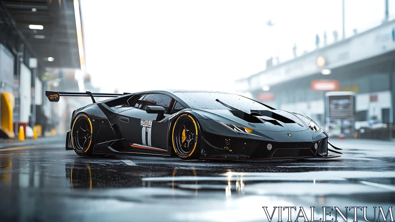 Stormlit track beast prowling a rain-slick futuristic pitlane.