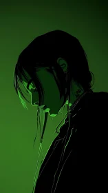 Neon green side-profile portrait of moody young woman.