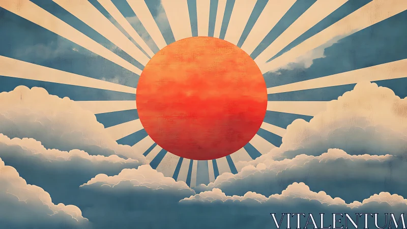 Radiant red sun bursts through clouds in a stylized sky