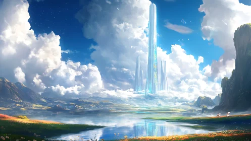 Futuristic crystalline tower rising above reflective alpine lake