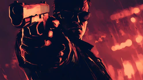 Midnight enforcer framed in neon blaze and burning rain.