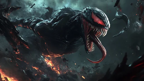 Ferocious alien monster lunges through fiery dark void.