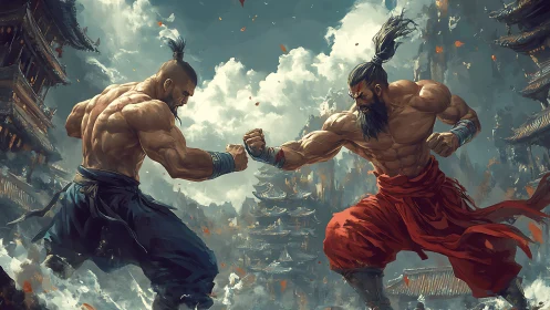 Two Muscular Warriors Fighting Mid-Air Above Ancient City.