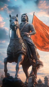 Mounted warrior statue with orange flag at sunset.