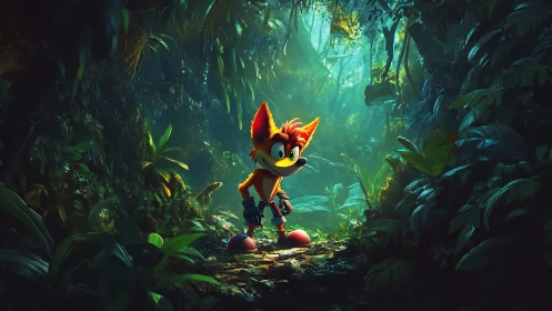 Stylized fox character illuminated in dense volumetric jungle light