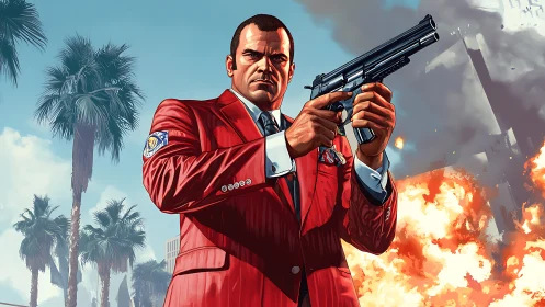 Ballistic tactician in red suit amid urban firestorm.