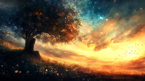 Luminous sunset meadow with solitary figure under tree.