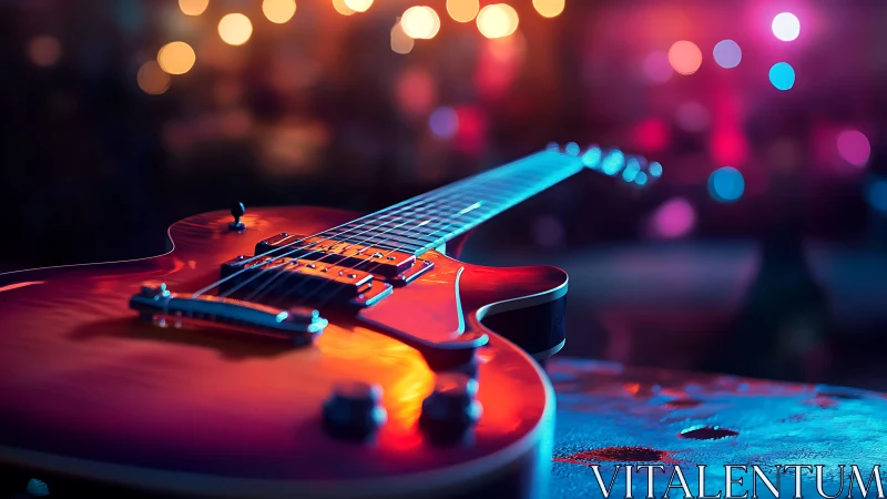 Electric guitar on stage in neon concert bokeh glow.