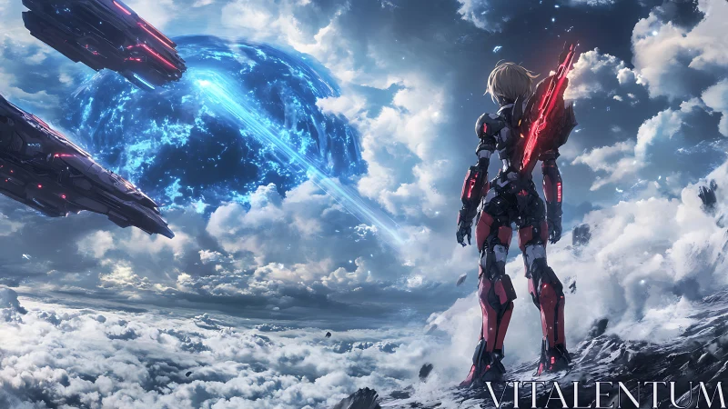 Armored sentinel confronts collapsing skyborne energy rift.