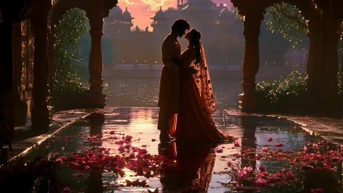 Silhouetted couple in sunset-lit Mughal courtyard reflection
