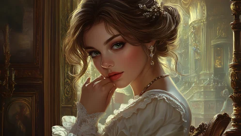 Regal young woman in ornate palace interior portrait.