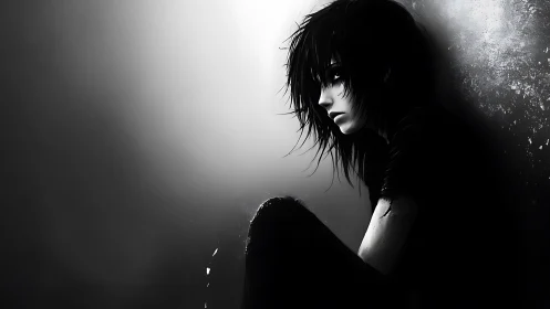 Monochrome emo portrait isolates a seated youth in chiaroscuro