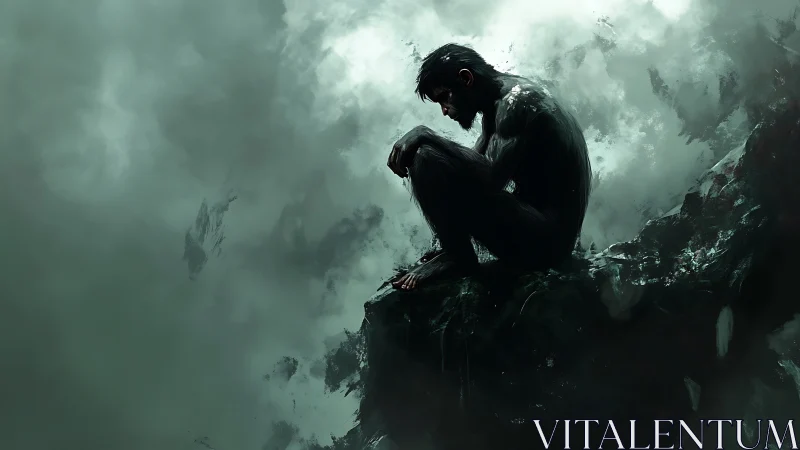 Solitary humanoid figure sits on rocky ledge in fog