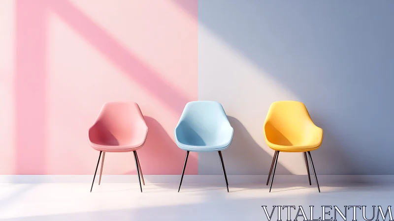 Triad of molded chairs against split pastel wall in sunlight