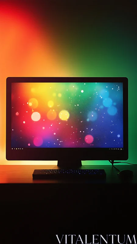 Rainbow screen glow crowns a minimalist midnight desktop.